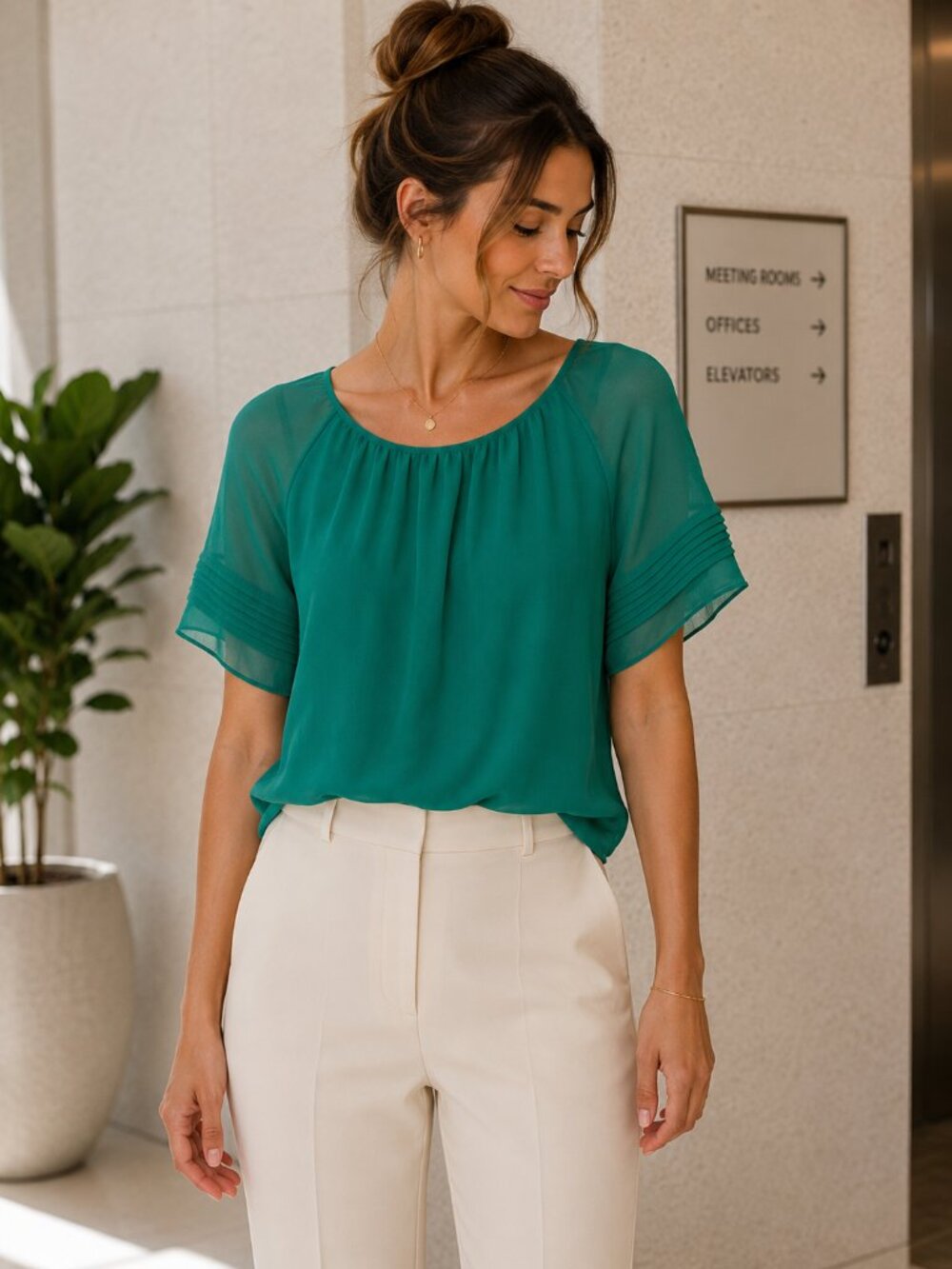 Banana Republic Emerald Green Sheer Short-Sleeve Blouse